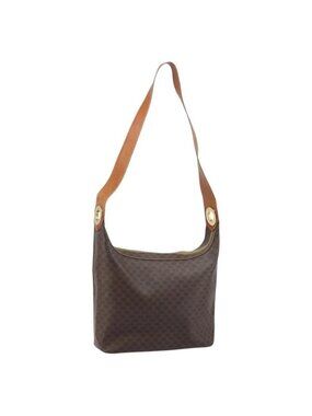 Authentic CELINE Macadam Canvas Shoulder Bag PVC Leather Brown Gold